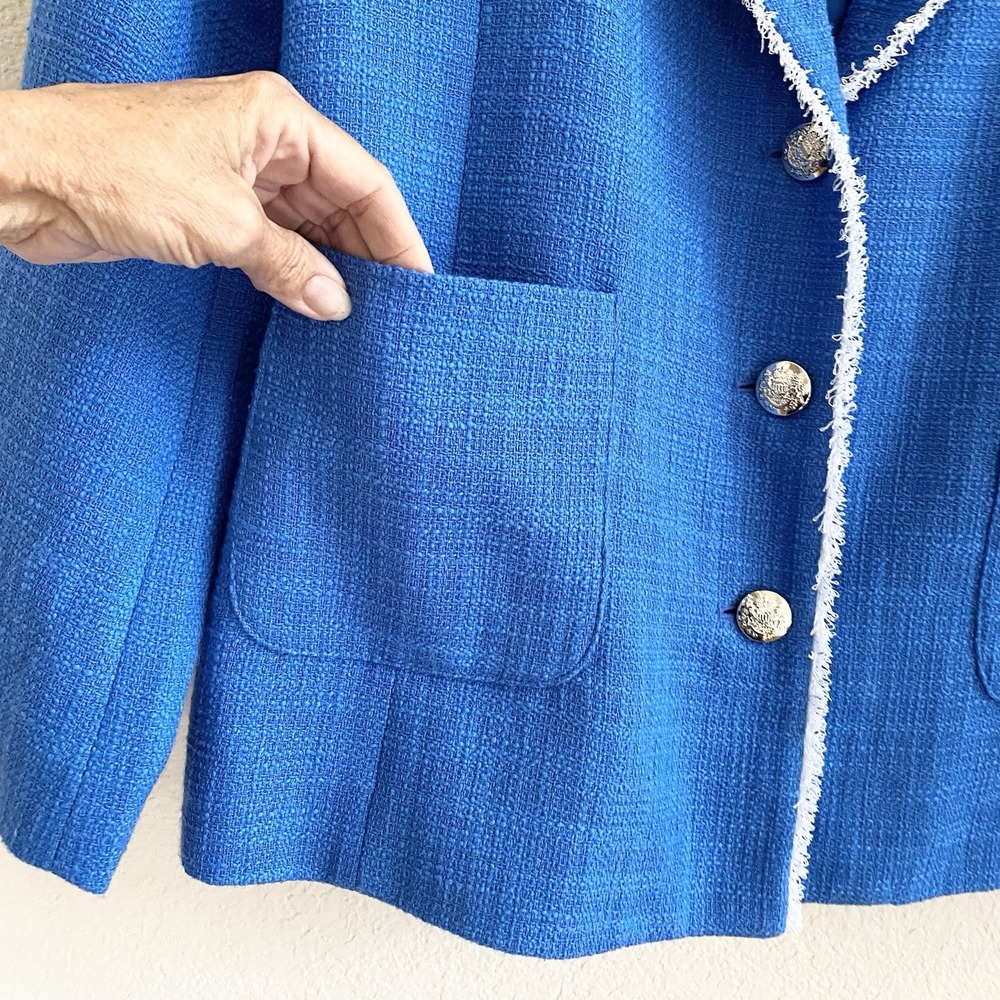 GRAVER Susan Graver Sky Blue Tweed Shawl Collar Blazer Jacket Fray Trim Sz 20W - Picture 4 of 10